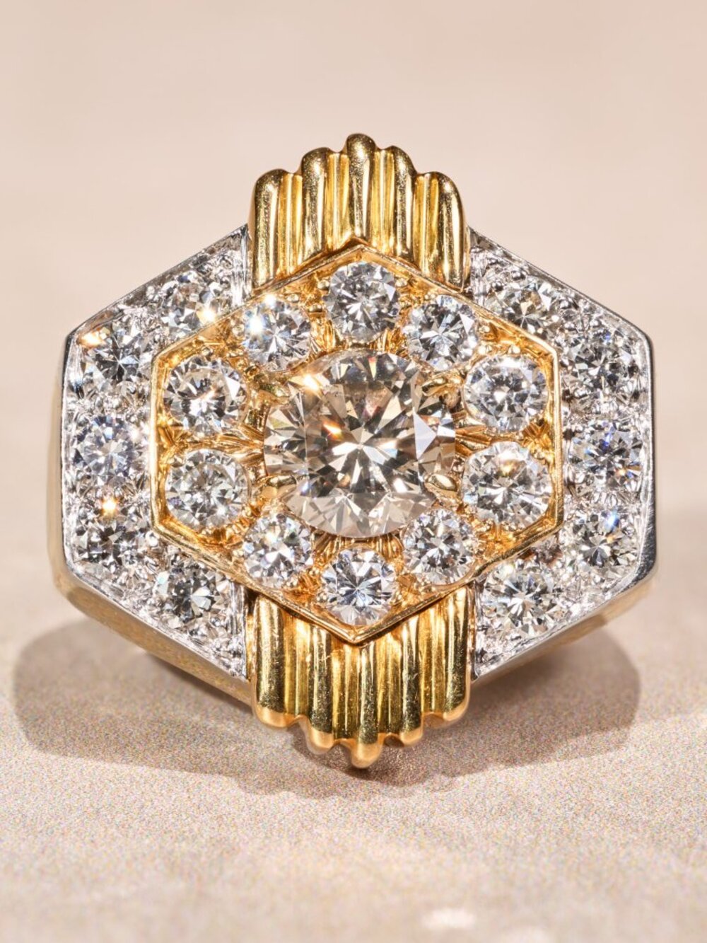 David Webb Signed Art Deco Ring Cognac Colored Central Diamond and White Side Di